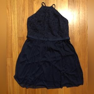 Navy open back dress (David’s Bridal)